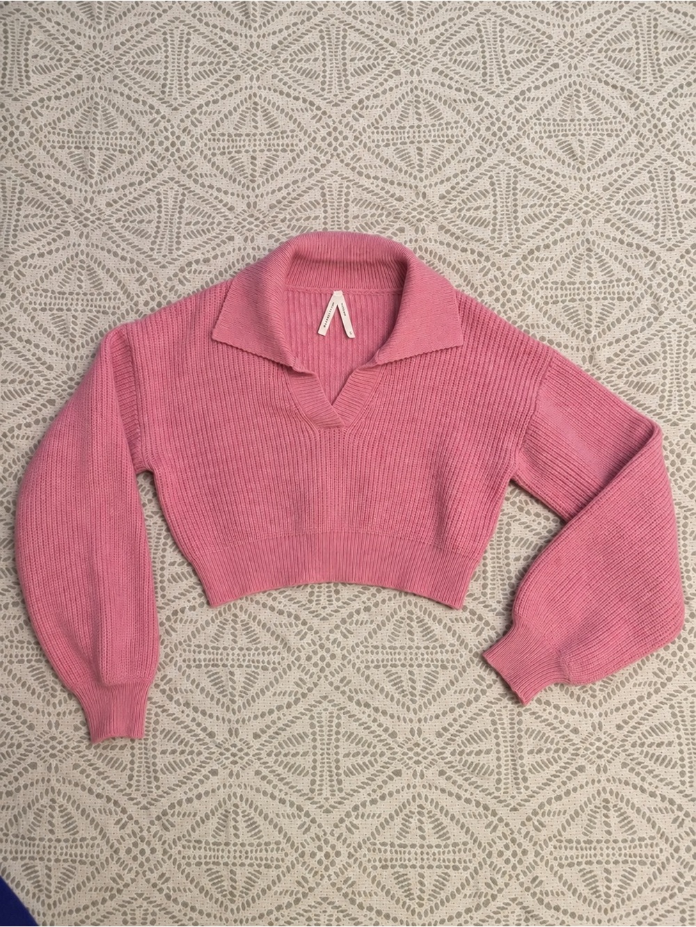 Dreamers by Debut Pink Cropped Collared Sweater Balloon Sleeve L